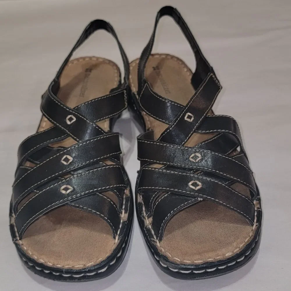Naturalizer Craft Black Leather Strappy Comfort Sandals w Thick Stitching Sz 9.5